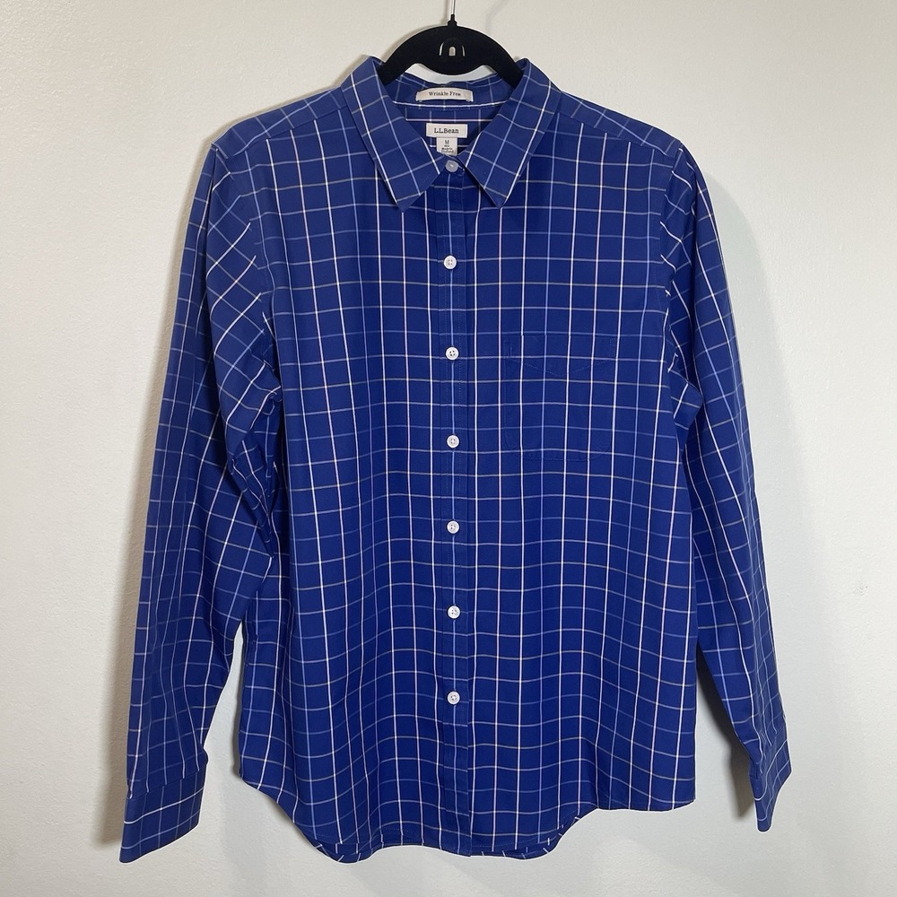 L.L.Bean Women's Medium Blue Windowpane Plaid Wrinkle Free Button Down Shirt